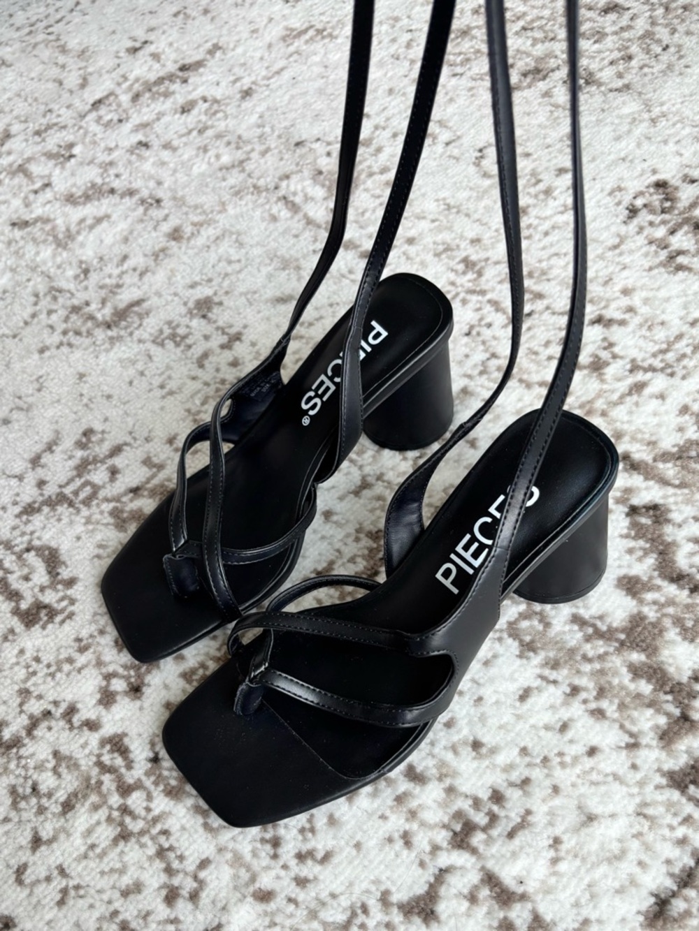 PIECES Black Strappy Thong Ankle Wrap Block Heel Sandals